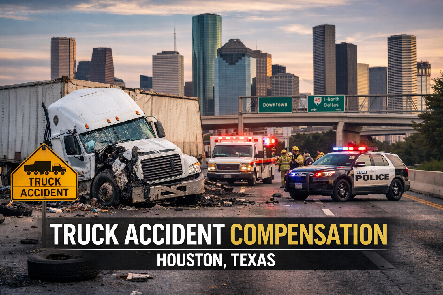 18-wheeler truck accident on a Houston highway related to compensation claims