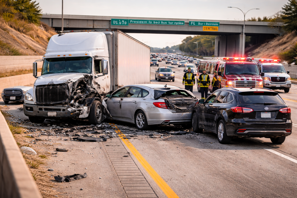 Multi-vehicle crash on President George Bush Turnpike in Plano, Texas involving a white semi-truck, black SUV, and silver sedan with emergency responders at the scene