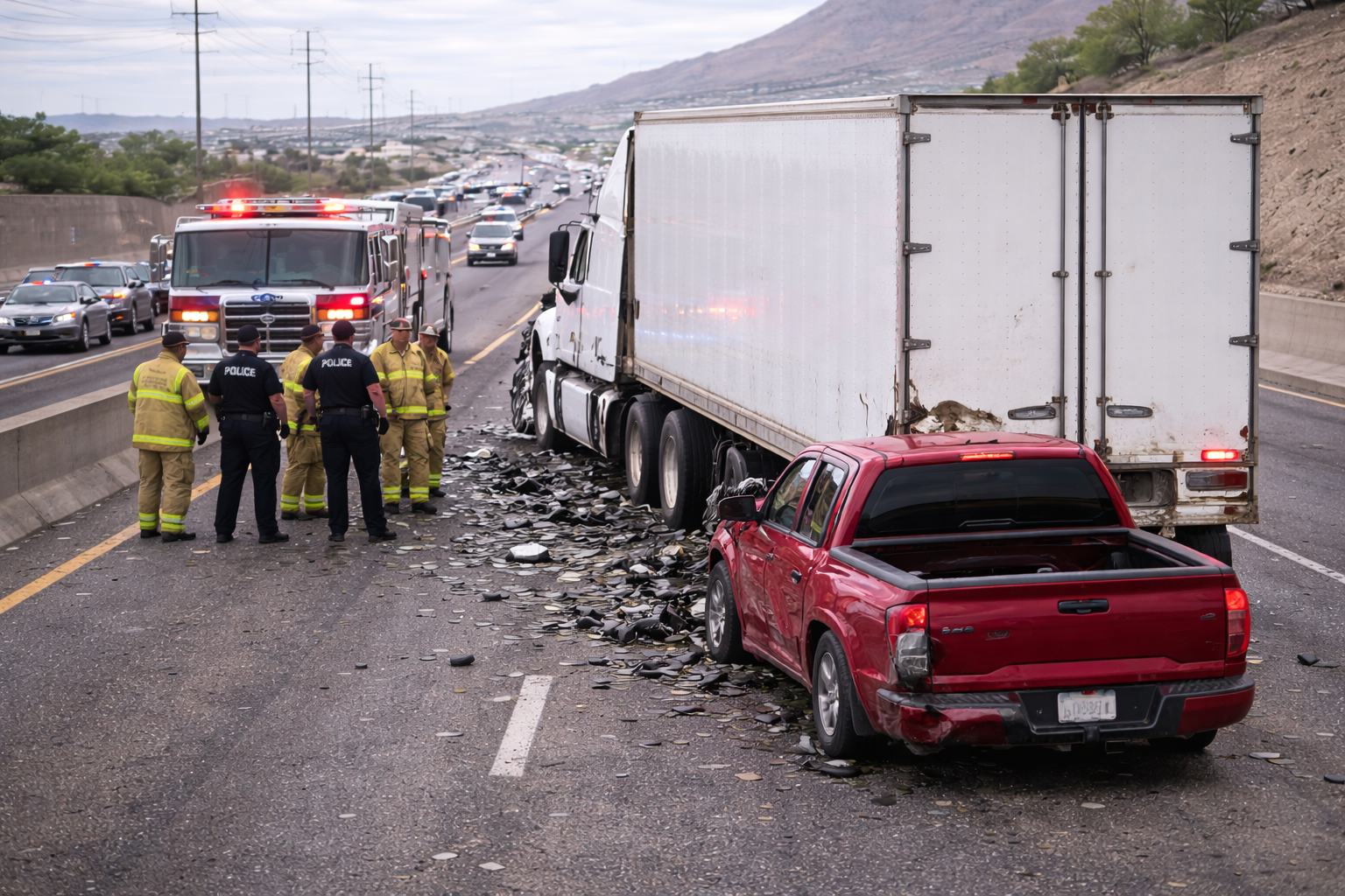 Rear-end collision between a semi-truck and a red pickup truck on a busy El Paso highway, with emergency responders attending the scene and traffic slowing behind the wreckage