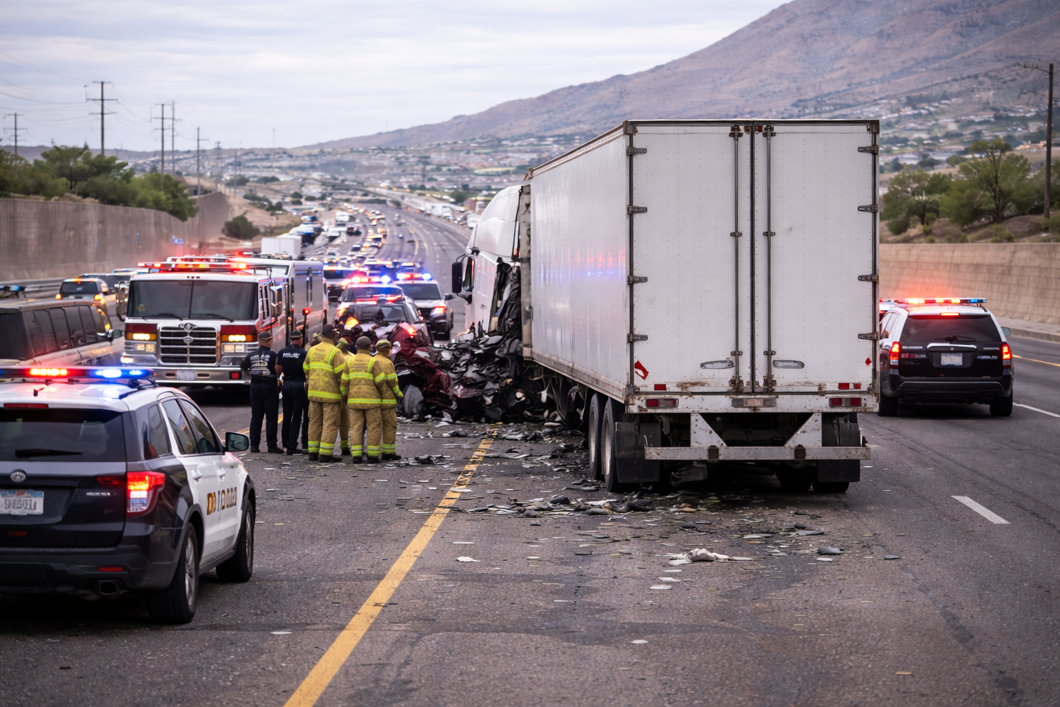 Rear-end semi truck accident in El Paso Texas with emergency responders and police assisting victims on a busy highway