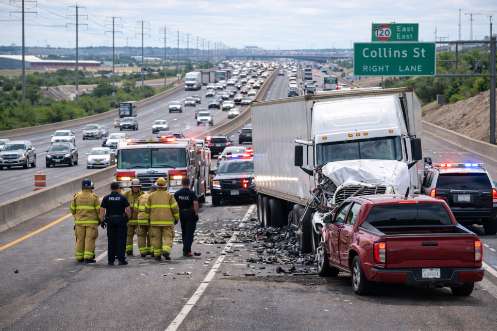 Rear-end collision between a semi-truck and a red pickup truck on I-20 in Arlington, Texas with emergency responders and police attending the scene
