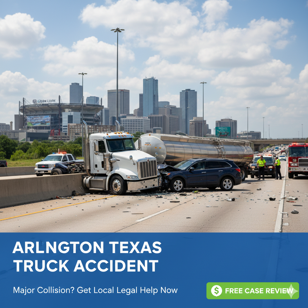 Side-impact semi-truck accident on Interstate 30 in Arlington, Texas with emergency responders, police, and multiple vehicles involved