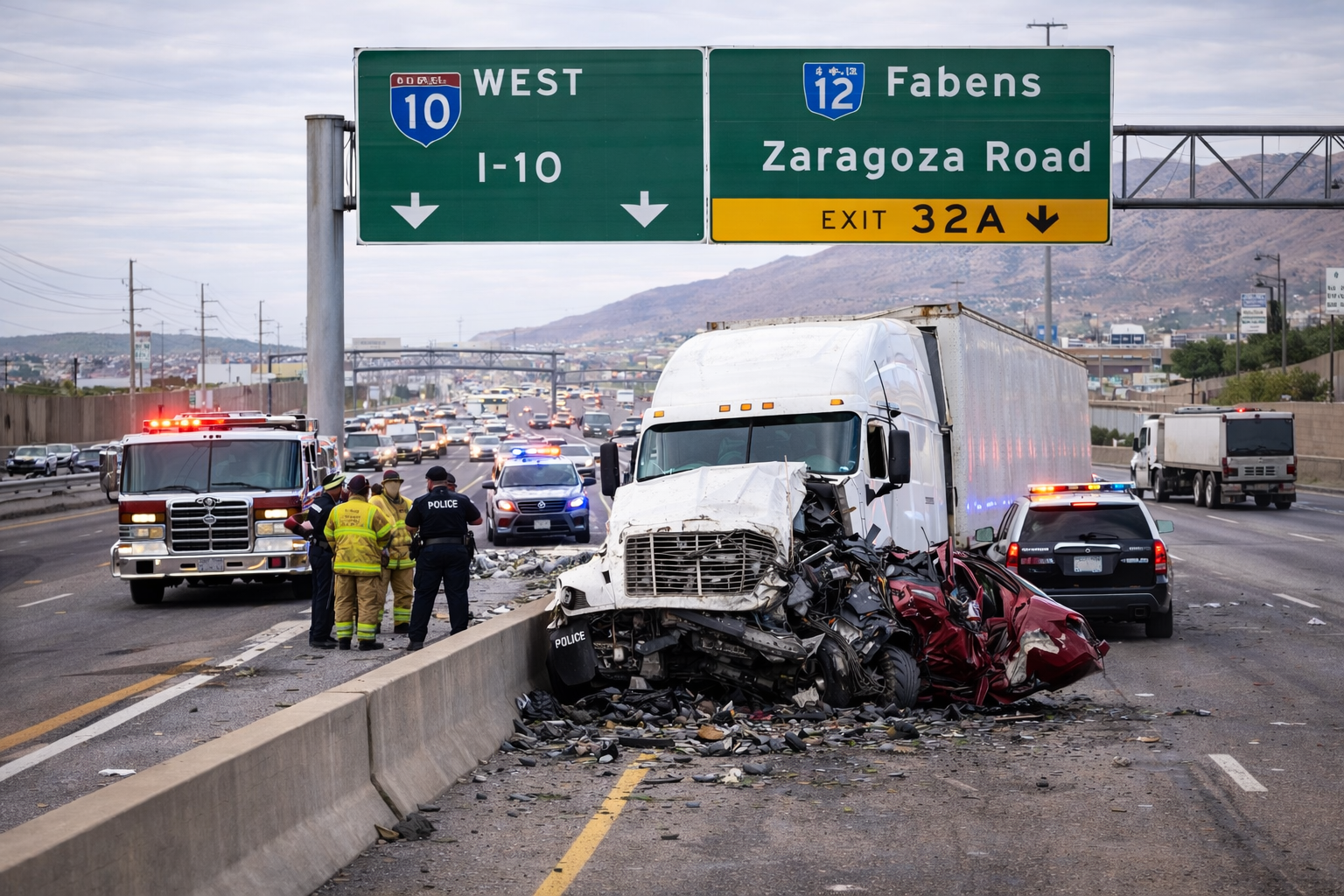 Semi-truck accident on I-10 in El Paso Texas with emergency vehicles at the scene