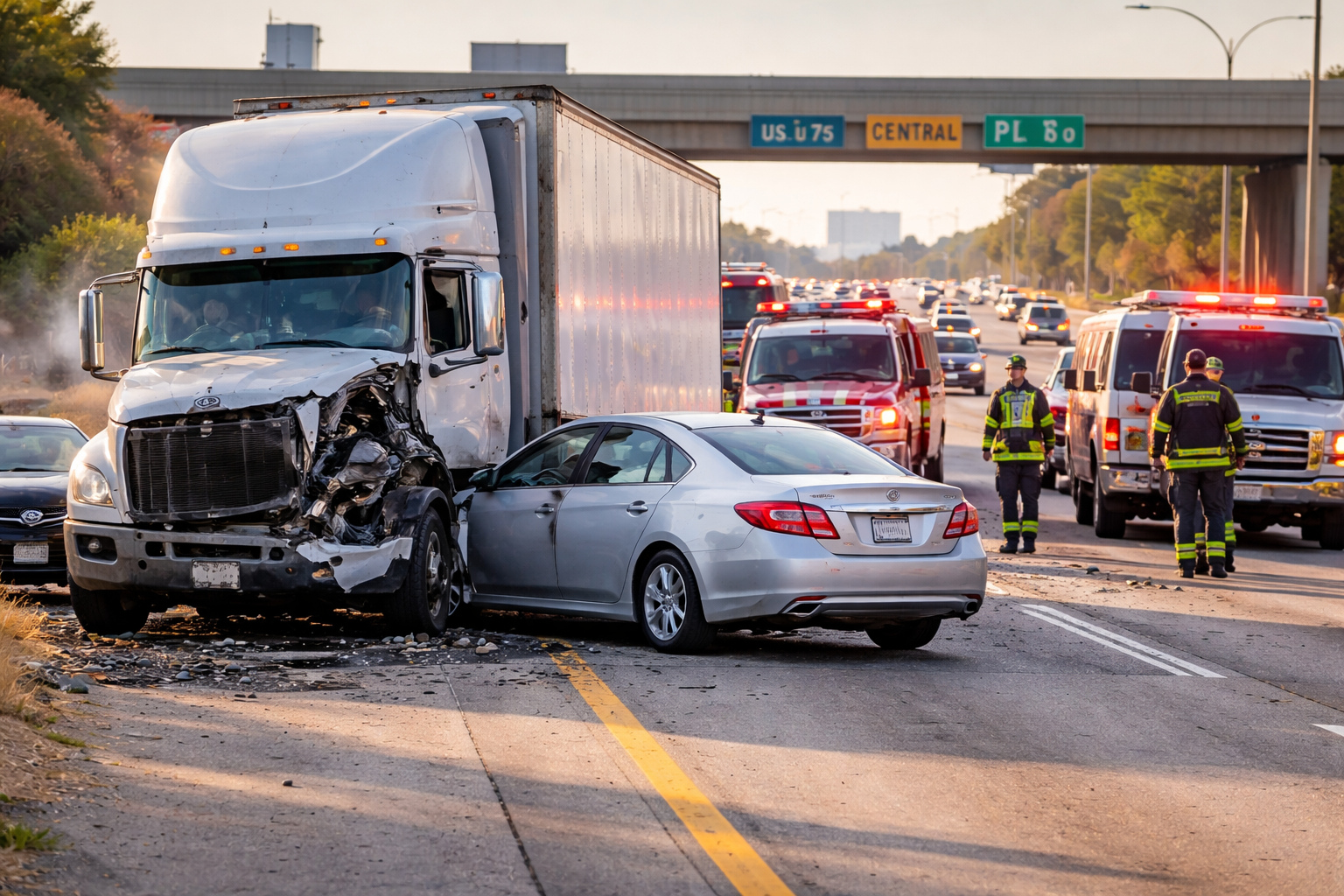 Semi-truck accident on US-75 in Plano, Texas involving multiple vehicles with emergency responders at the scene