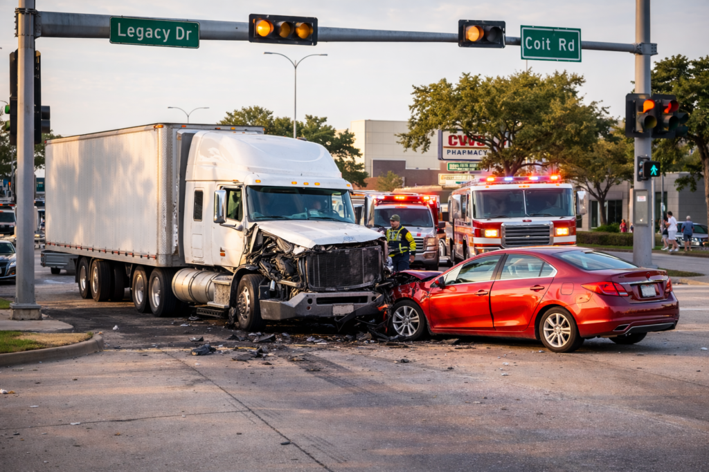 Urban semi-truck accident at the intersection of Coit Road and Legacy Drive in Plano, Texas, involving a white truck and a red sedan, with emergency responders and police on scene
